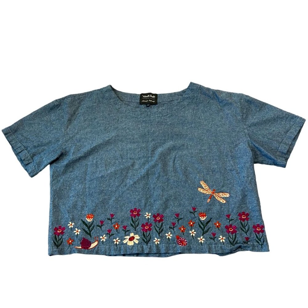 MODCLOTH x PRINCESS HIGHWAY Embroidered Chambray Crop Tee Size 12 EU